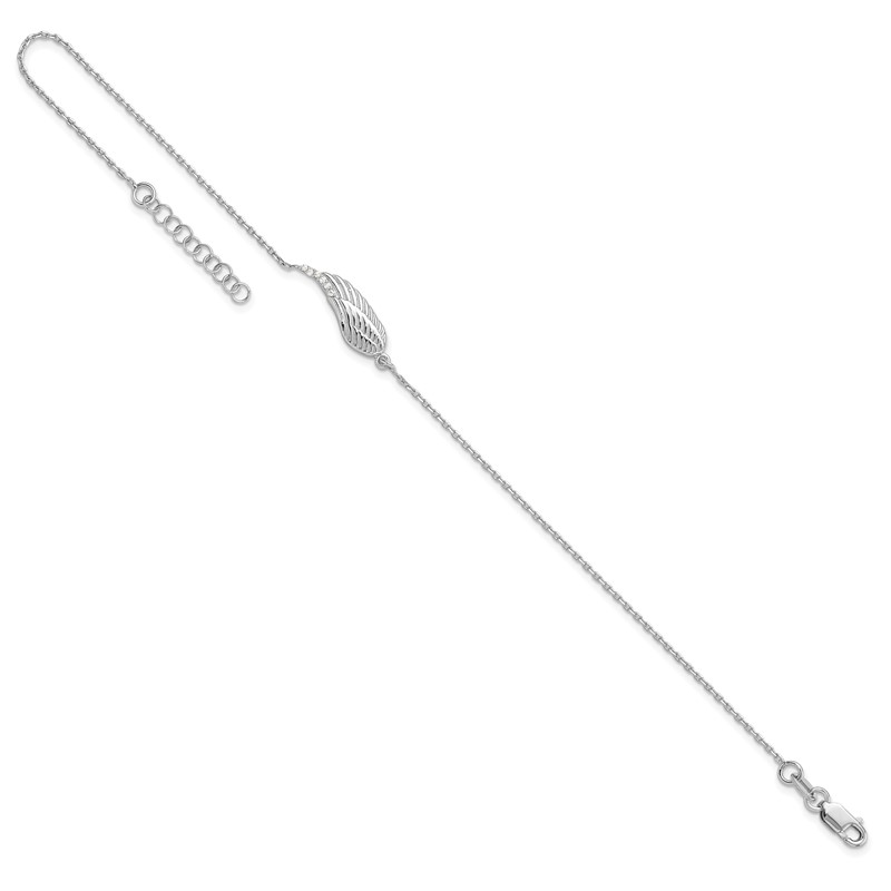 Sterling Silver RH-plated CZ Angel Wing 9in. Plus 1in. ext. Anklet