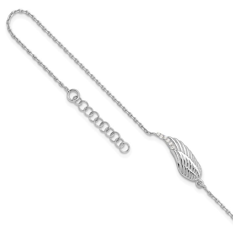 Sterling Silver RH-plated CZ Angel Wing 9in. Plus 1in. ext. Anklet