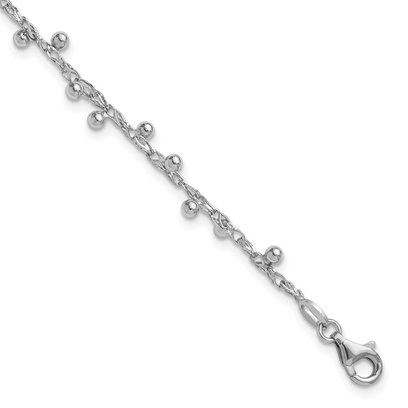 Sterling Silver Rhod-plated Polished Beaded w/1in ext. Bracelet