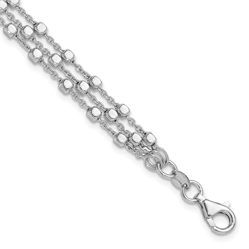 Sterling Silver Rh-plt 3 Strand Beaded 7.5in w/1in ext. Bracelet