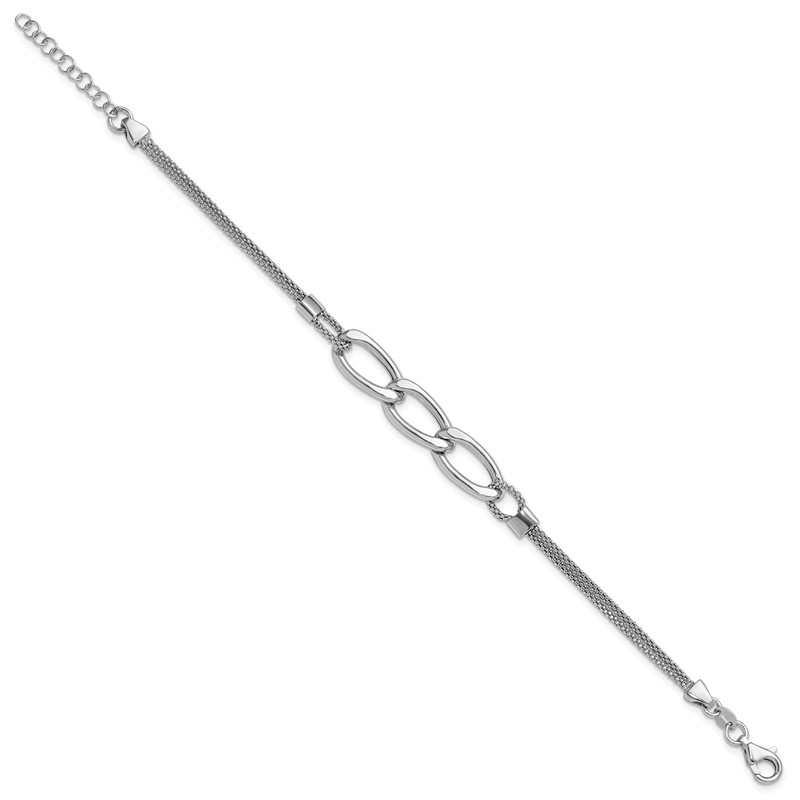 Sterling Silver Rh-plat Polished Multi-Strand w/1in ext. Bracelet