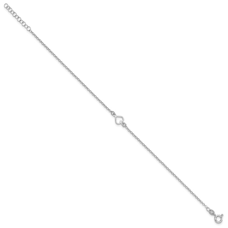 Sterling Silver Rh-plated Polished Heart 9in PLUS 1in ext. Anklet