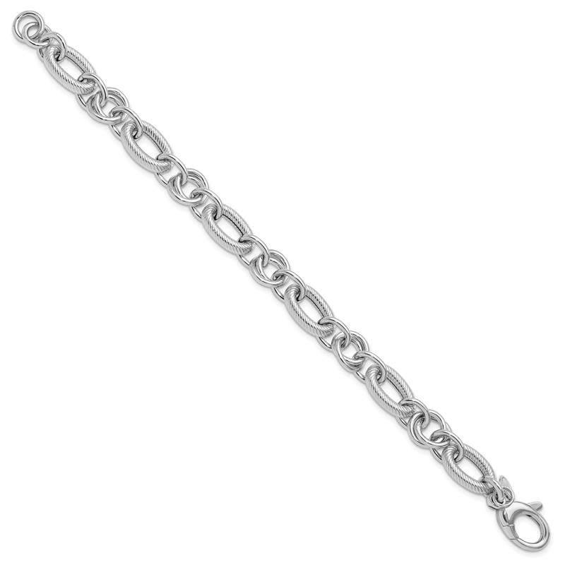 SS RH-plated Polished/Textured Fancy Link w/.25in ext. Bracelet