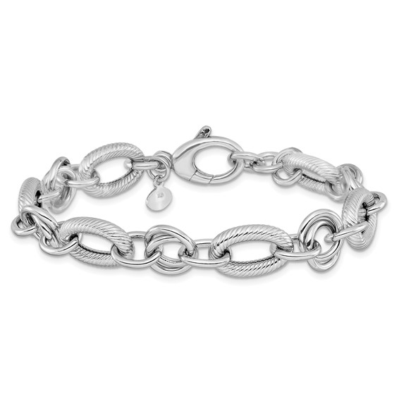 Leslie's SS RH-plated Polished/Textured Fancy Link w/.25in ext. Bracelet