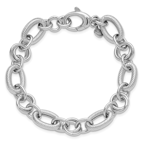 Leslie's SS RH-plated Polished/Textured Fancy Link w/.25in ext. Bracelet