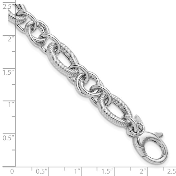 Leslie's SS RH-plated Polished/Textured Fancy Link w/.25in ext. Bracelet