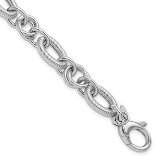 Leslie's SS RH-plated Polished/Textured Fancy Link w/.25in ext. Bracelet