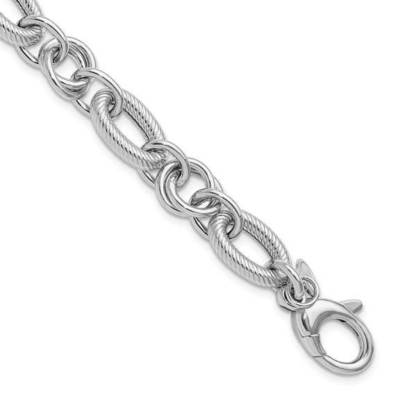 Leslie's SS RH-plated Polished/Textured Fancy Link w/.25in ext. Bracelet