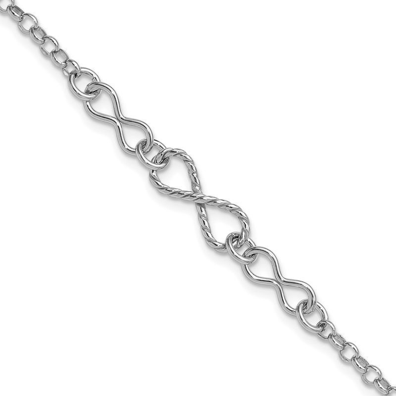 Sterling Silver Rhodium-plt Twisted Infinity w/1in ext. Bracelet