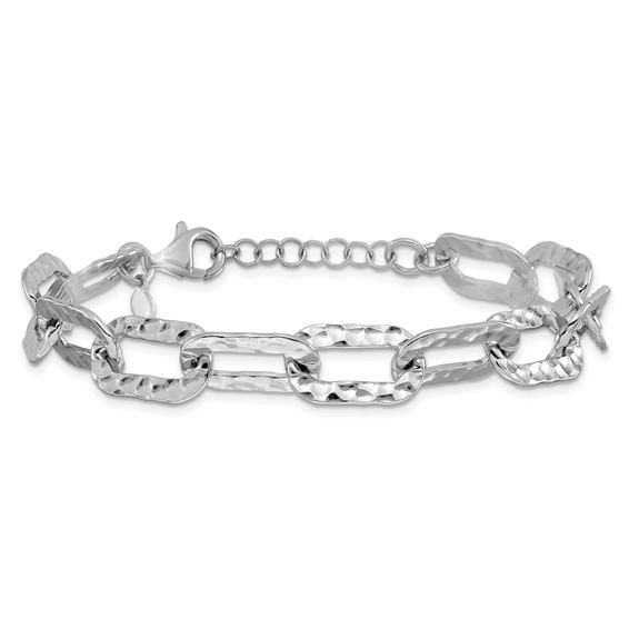 Leslie's Sterling Silver Rh-pl Polished/Hammered Fancy w/1in ext. Bracelet