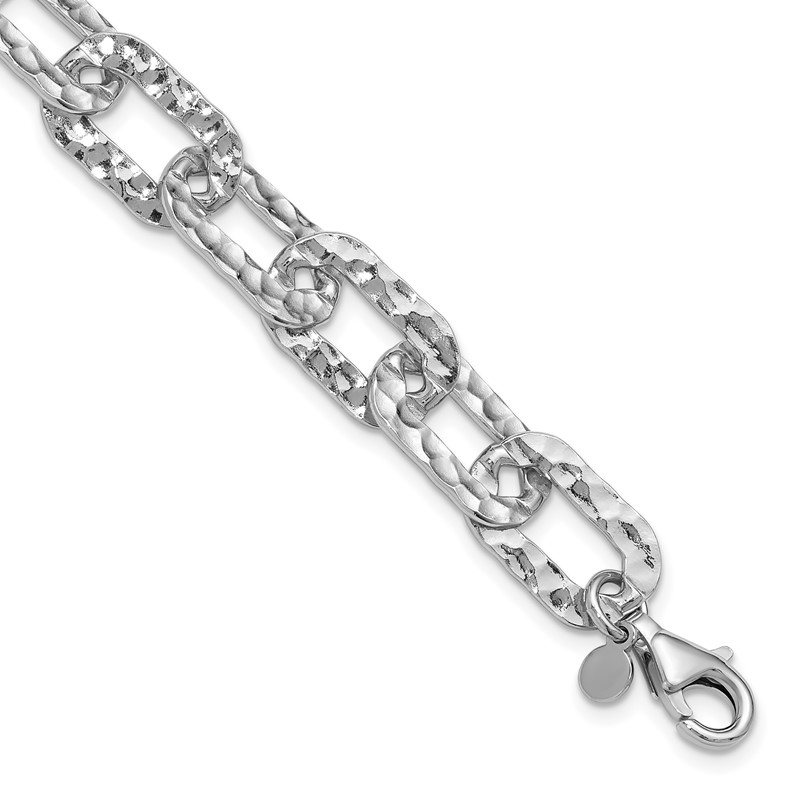 Sterling Silver Rh-pl Polished/Hammered Fancy w/1in ext. Bracelet
