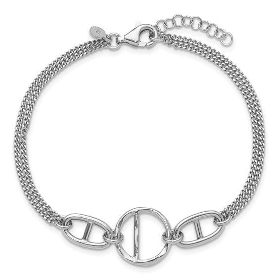 Leslie's SS Rh-plated Polished 2-strand w/Link Accent w/1in ext. Bracelet