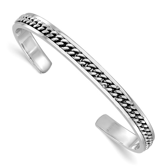 Leslie's Sterling Silver Rhodium-plated Polished Curb Link Cuff Bangle