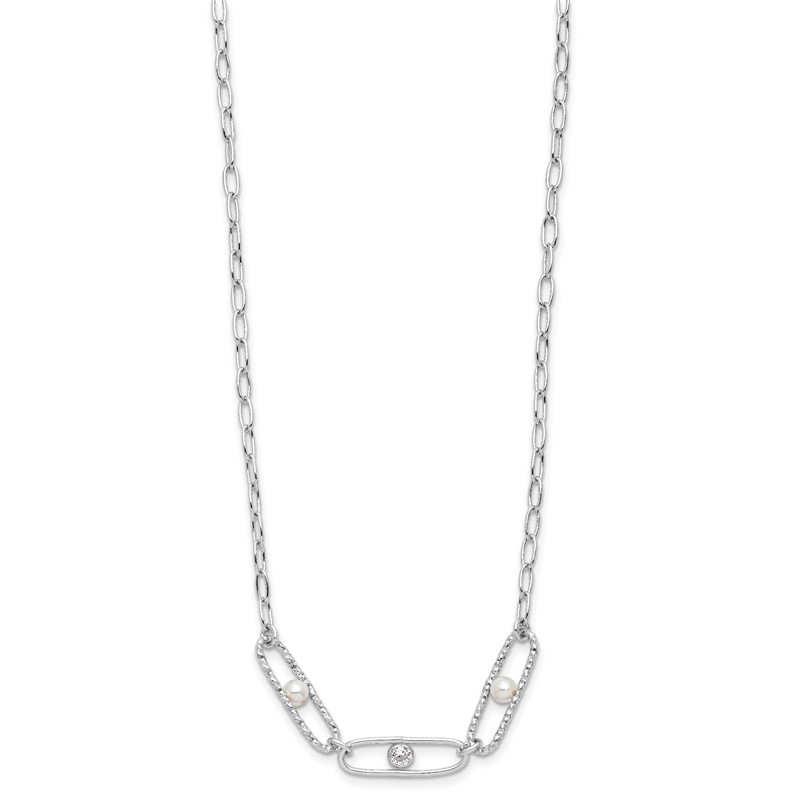 Sterling Silver Rh-plated CZ and Crystal Pearl w/2in ext. Necklace