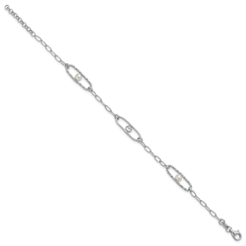 Sterling Silver Rh-plated CZ and Crystal Pearl w/1in ext. Bracelet