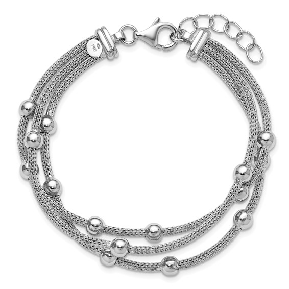 Leslie's SS RH-plated Polished 3-strand Bead w/1in ext. Bracelet