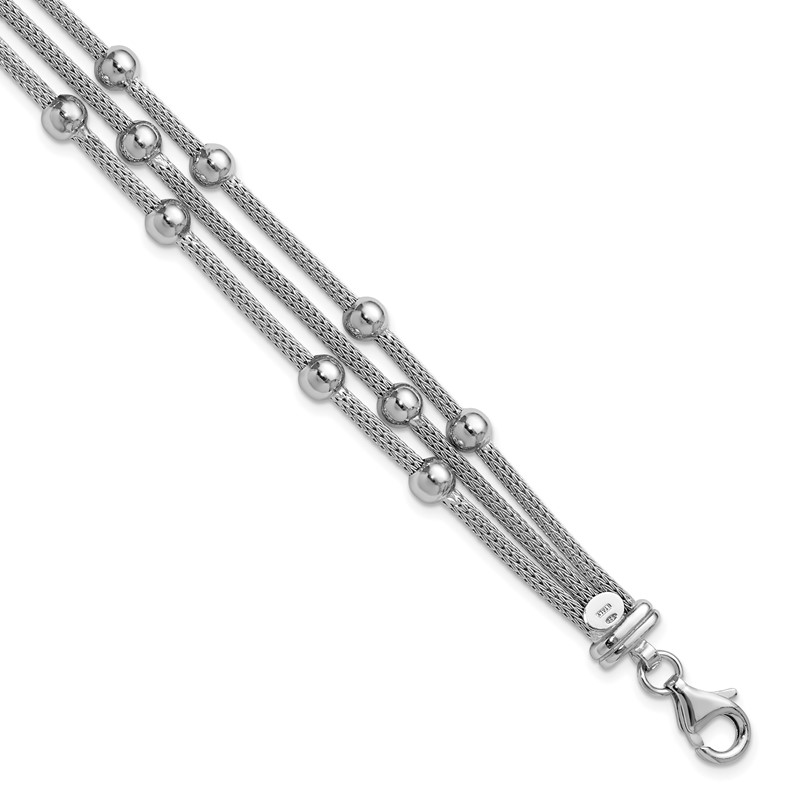 SS RH-plated Polished 3-strand Bead w/1in ext. Bracelet