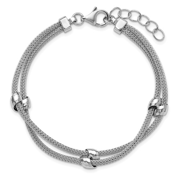 Leslie's SS RH-plated Polished 2-strand Bead w/1in ext. Bracelet