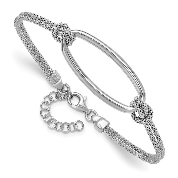 Leslie's SS RH-plat Polish/Dia-cut Oval 2-Strand w/1.25in ext. Bracelet