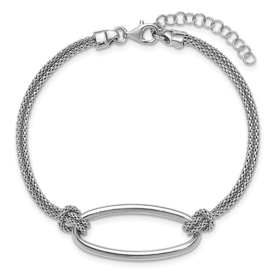 Leslie's SS RH-plat Polish/Dia-cut Oval 2-Strand w/1.25in ext. Bracelet