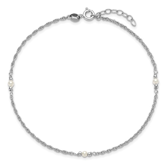 Leslie's Sterling Silver Rhodium-plated Freshwater Cultured Pearl 9 inch Plus 1 inch Extender - Total 10 inch Anklet