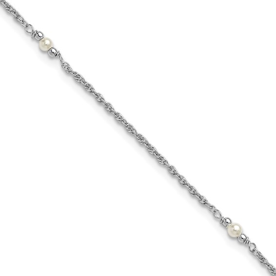 Leslie's Sterling Silver Rhodium-plated Freshwater Cultured Pearl 9 inch Plus 1 inch Extender - Total 10 inch Anklet