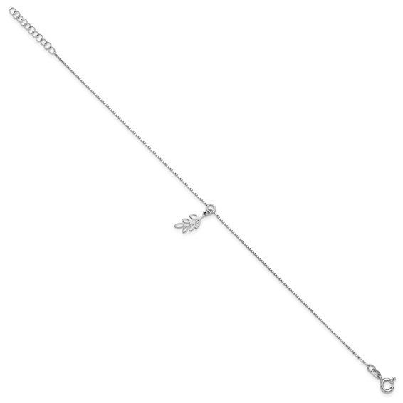 Leslie's Sterling Silver Rhodium-plated Leaf Charm 9 inch Plus 1 inch Extender - Total 10 inch Anklet