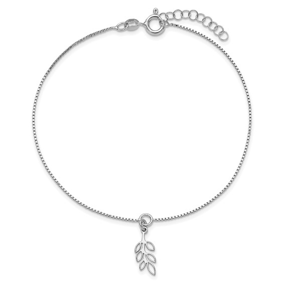 Leslie's Sterling Silver Rhodium-plated Leaf Charm 9 inch Plus 1 inch Extender - Total 10 inch Anklet