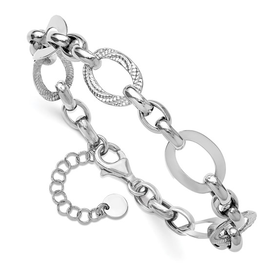 Leslie's SS RH-plat Polish/Textured Fancy Link w/1.25in ext. Bracelet