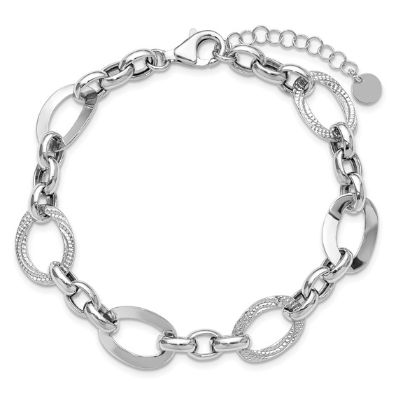 Leslie's SS RH-plat Polish/Textured Fancy Link w/1.25in ext. Bracelet