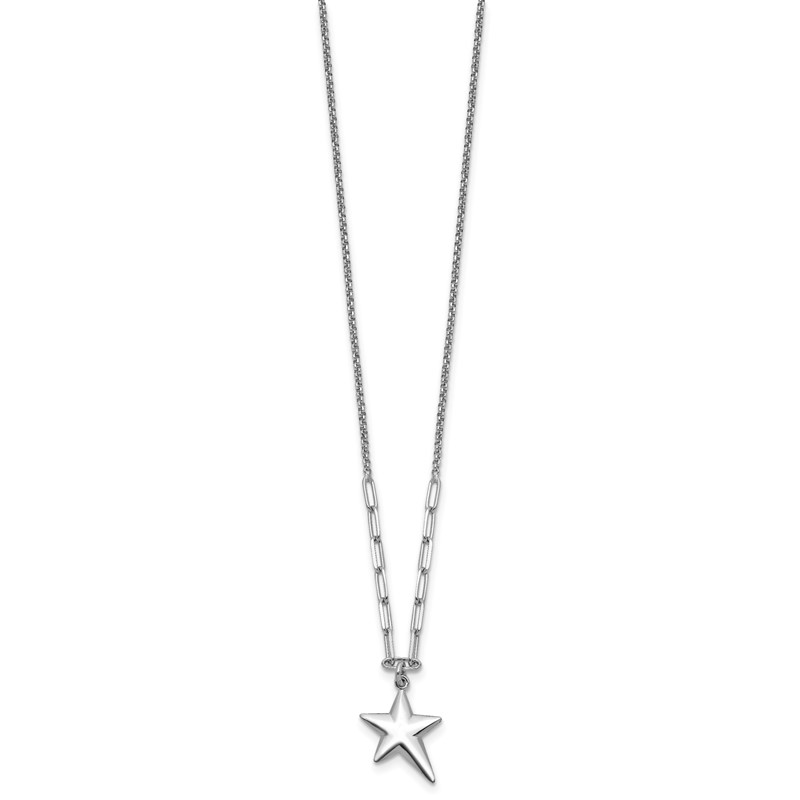 SS RH-plated Polished Star Pendant w/1.25in ext. Necklace