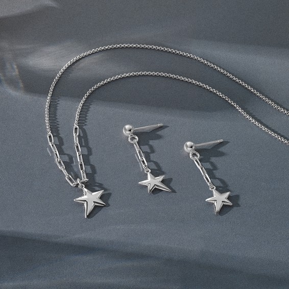 Leslie's SS RH-plated Polished Star Pendant w/1.25in ext. Necklace
