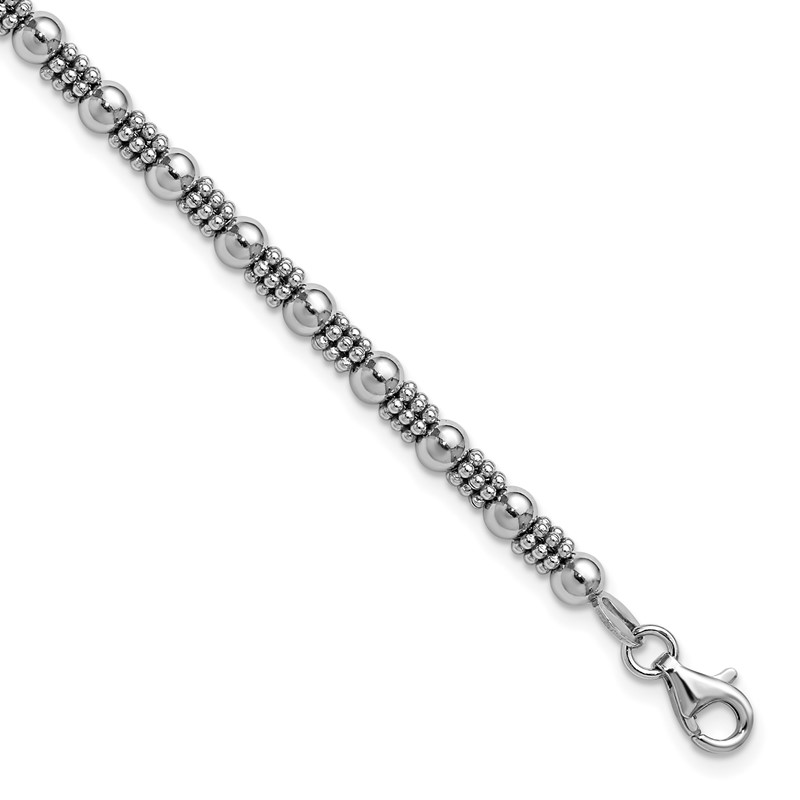 Sterling Silver RH-plated Fancy Beaded w/1in ext. Bracelet
