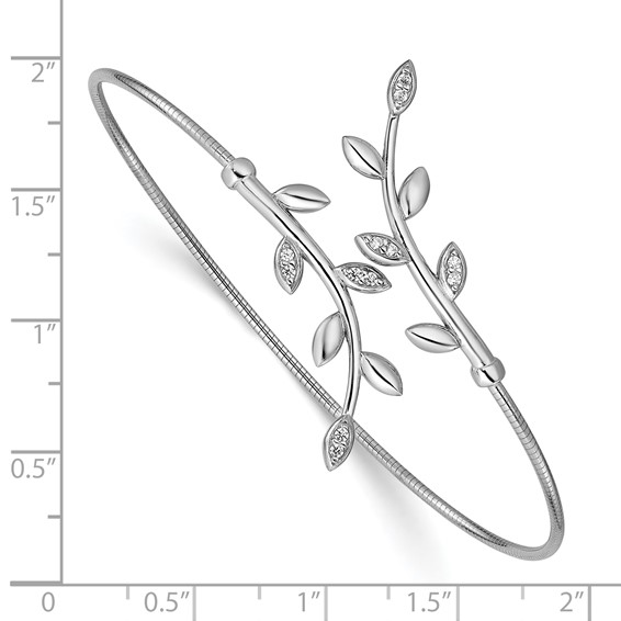 Leslie's SS Rhodium-plated Polished CZ Leaf Bypass Flexible Cuff Bangle