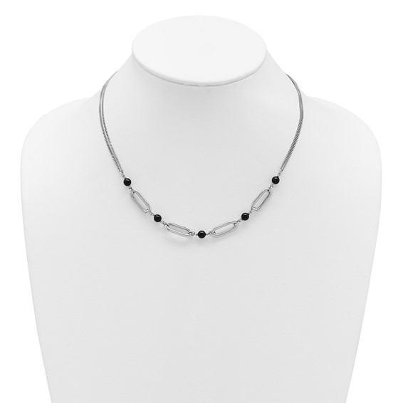 Leslie's SS RH-pltd Black Glass Pearl 2-Strand Link w/2in Ext Necklace