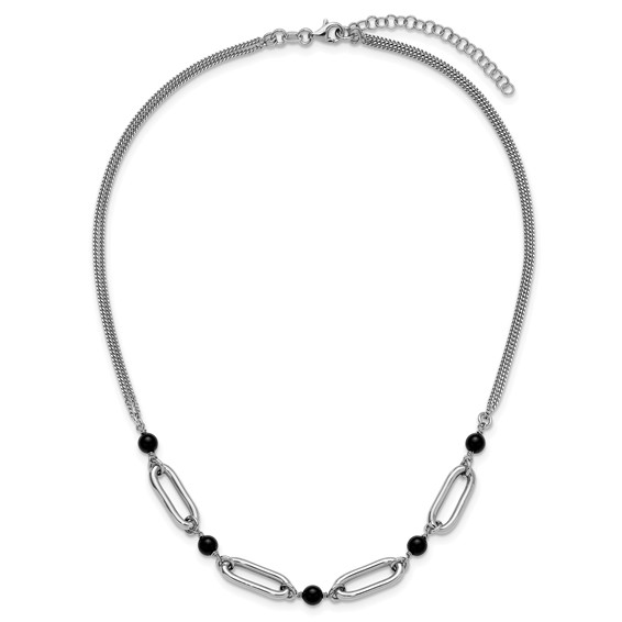 Leslie's SS RH-pltd Black Glass Pearl 2-Strand Link w/2in Ext Necklace