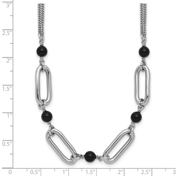 Leslie's SS RH-pltd Black Glass Pearl 2-Strand Link w/2in Ext Necklace