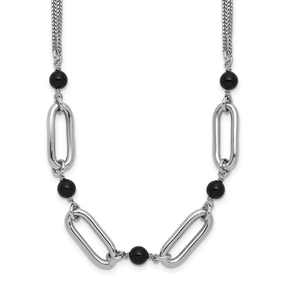 Leslie's SS RH-pltd Black Glass Pearl 2-Strand Link w/2in Ext Necklace