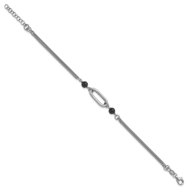 SS RH-pltd Black Glass Pearl 2-Strand Link w/1in Ext Bracelet