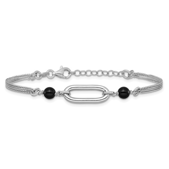 Leslie's SS RH-pltd Black Glass Pearl 2-Strand Link w/1in Ext Bracelet