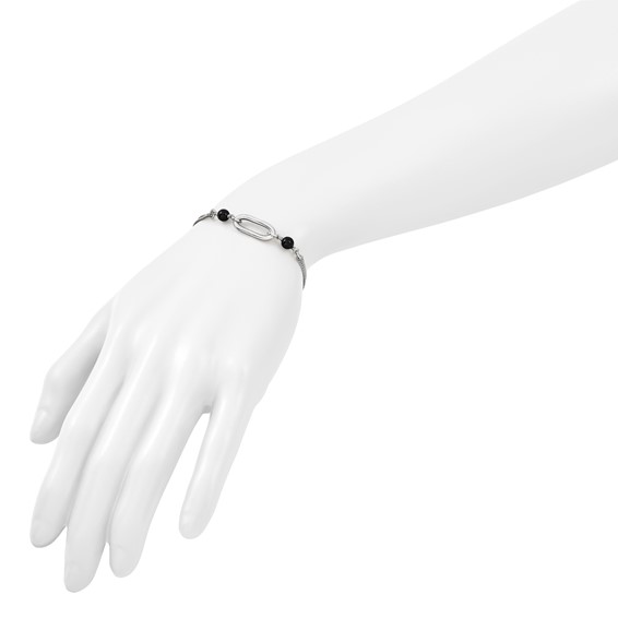 Leslie's SS RH-pltd Black Glass Pearl 2-Strand Link w/1in Ext Bracelet