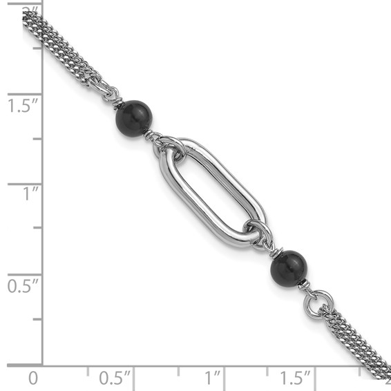 Leslie's SS RH-pltd Black Glass Pearl 2-Strand Link w/1in Ext Bracelet