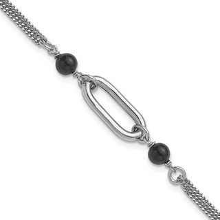 Leslie's SS RH-pltd Black Glass Pearl 2-Strand Link w/1in Ext Bracelet