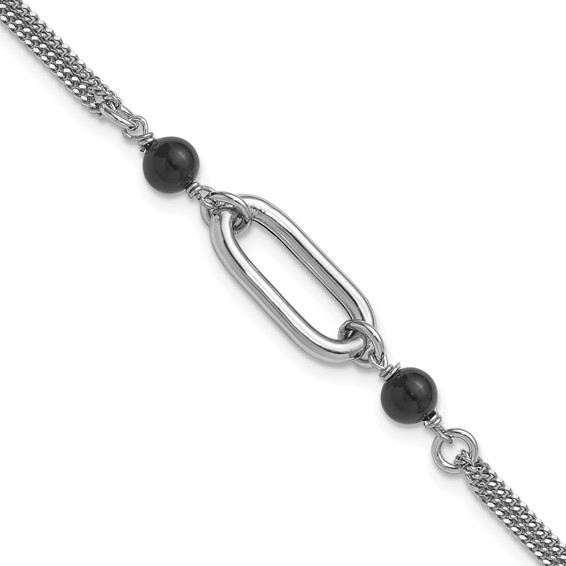 Leslie's SS RH-pltd Black Glass Pearl 2-Strand Link w/1in Ext Bracelet