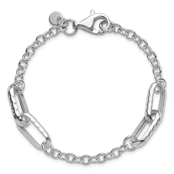 Leslie's Sterling Silver RH-plated Polished and Hammered Link Bracelet