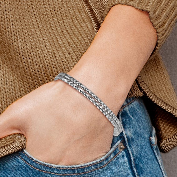 Leslie's Sterling Silver RH-Plated Pol. Fancy 2-strand w/1in ext. Bracelet