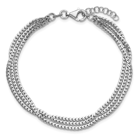 Leslie's Sterling Silver RH-Plated Pol. Fancy 3-strand w/1in ext. Bracelet
