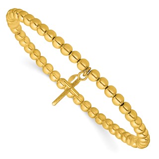 Leslie's Sterling Silver Gold-tone Pol. Cross Beaded Stretch Bracelet