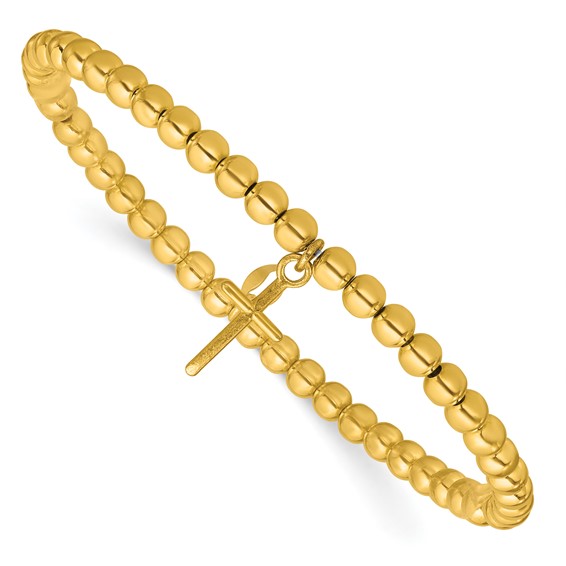 Leslie's Sterling Silver Gold-tone Pol. Cross Beaded Stretch Bracelet