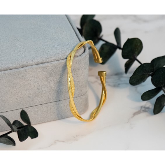 Leslie's SS Gold-plat Polished/Textured Twisted 2-strand Flexible Cuff Bang